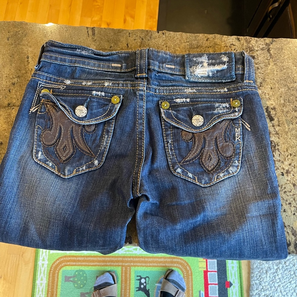 MEK leather like flap back bootcut flare distressed jeans denim size 26